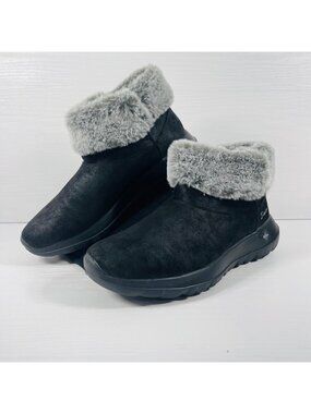 Skechers Joy Savvy Winter Slip On Boots Womens Sz 8 Black Gray Faux Fur 56101SA